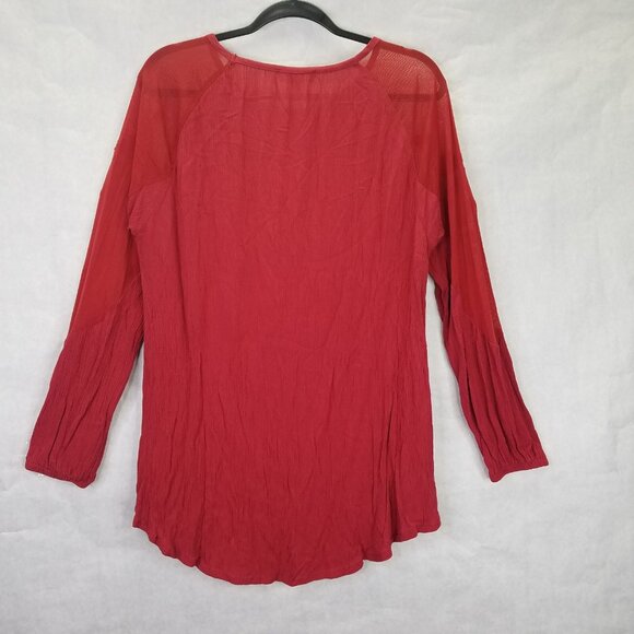 DG2 Diane Gilman Womens L Long Sleeve Blouse Red Embroidered Mesh Shoulder Crepe - Picture 7 of 14